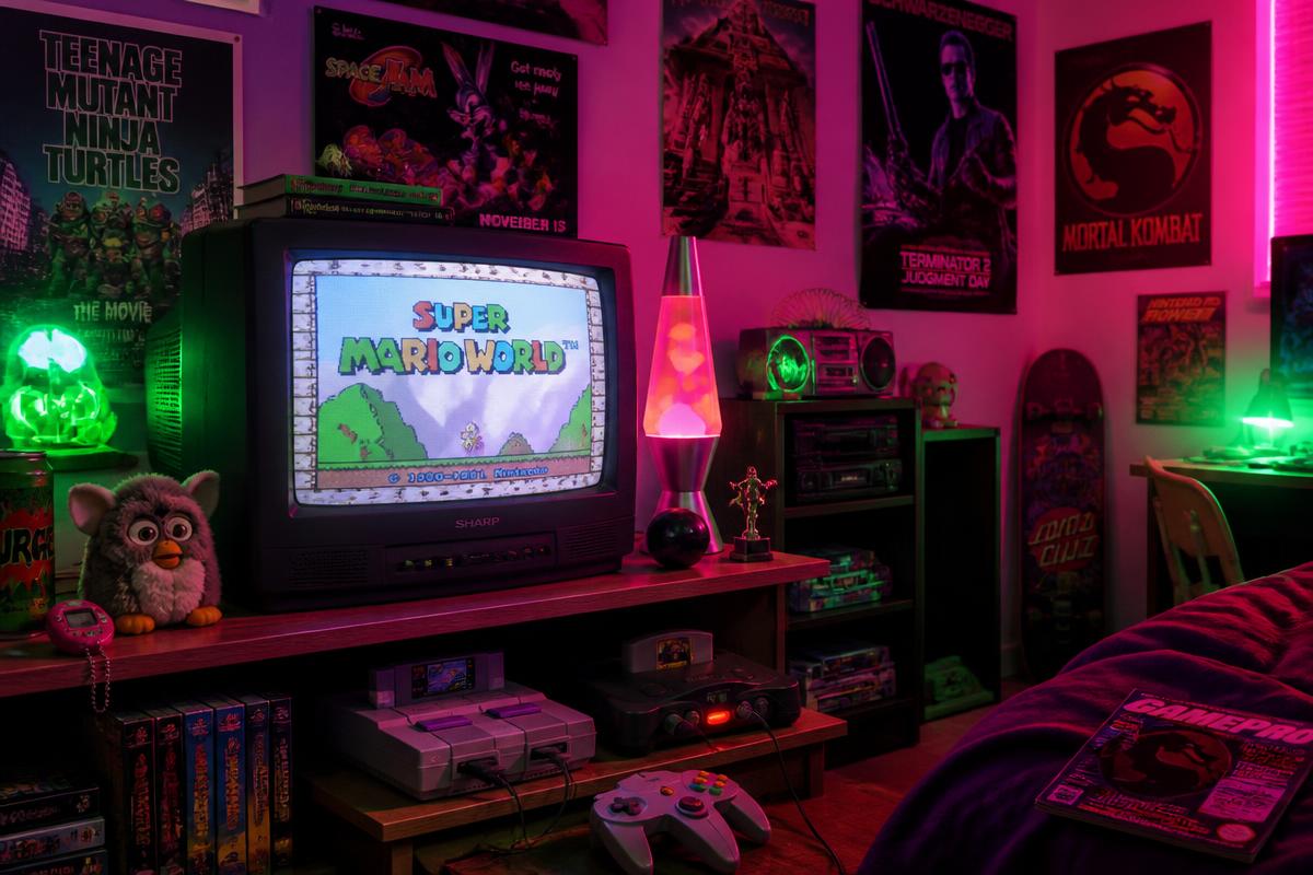 90er Teenager-Zimmer mit CRT-TV, Konsolen und Retro-Spielzeug